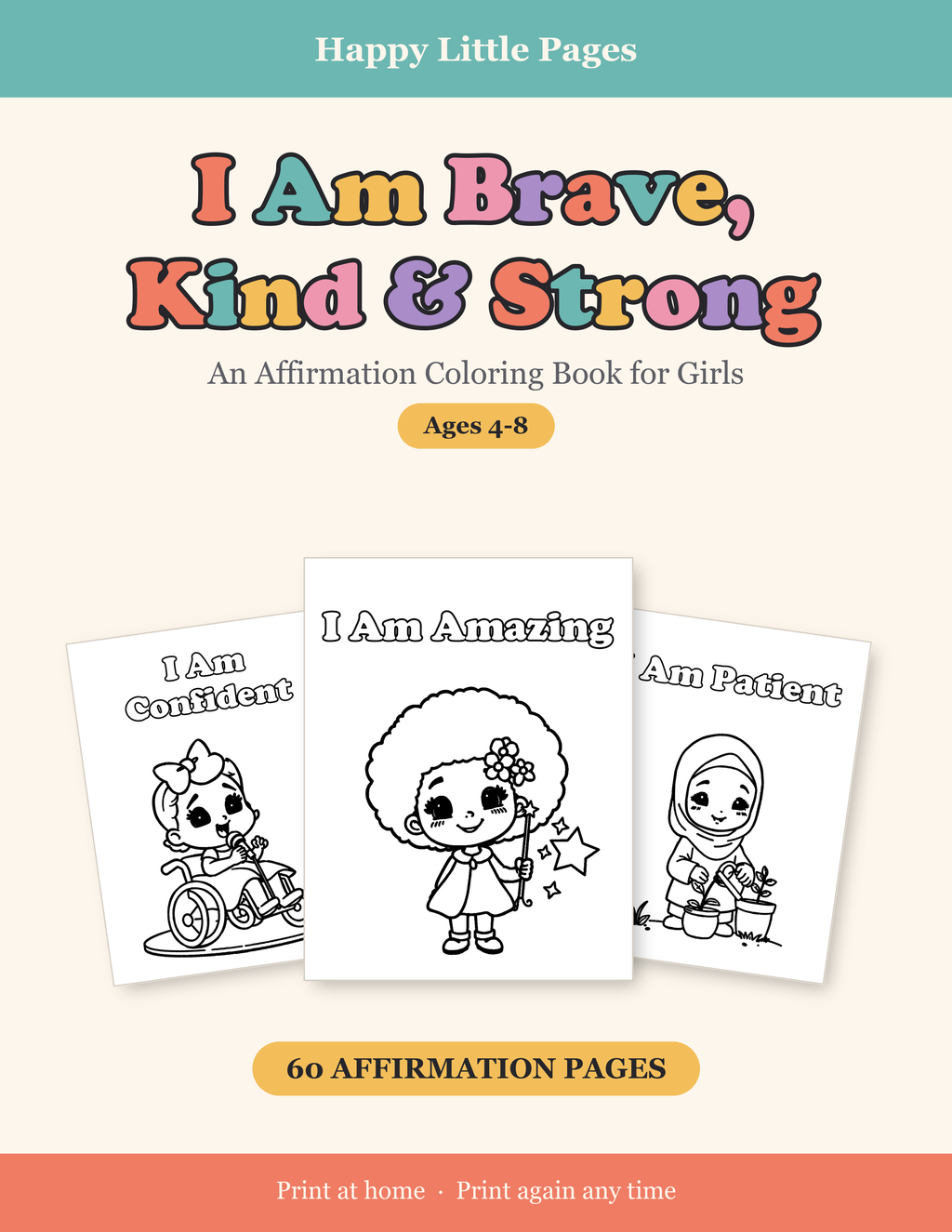 I Am Brave, Kind & Strong — Affirmation Coloring Book for Girls, Ages 4-8 | 60 Printable Pages | Instant Download