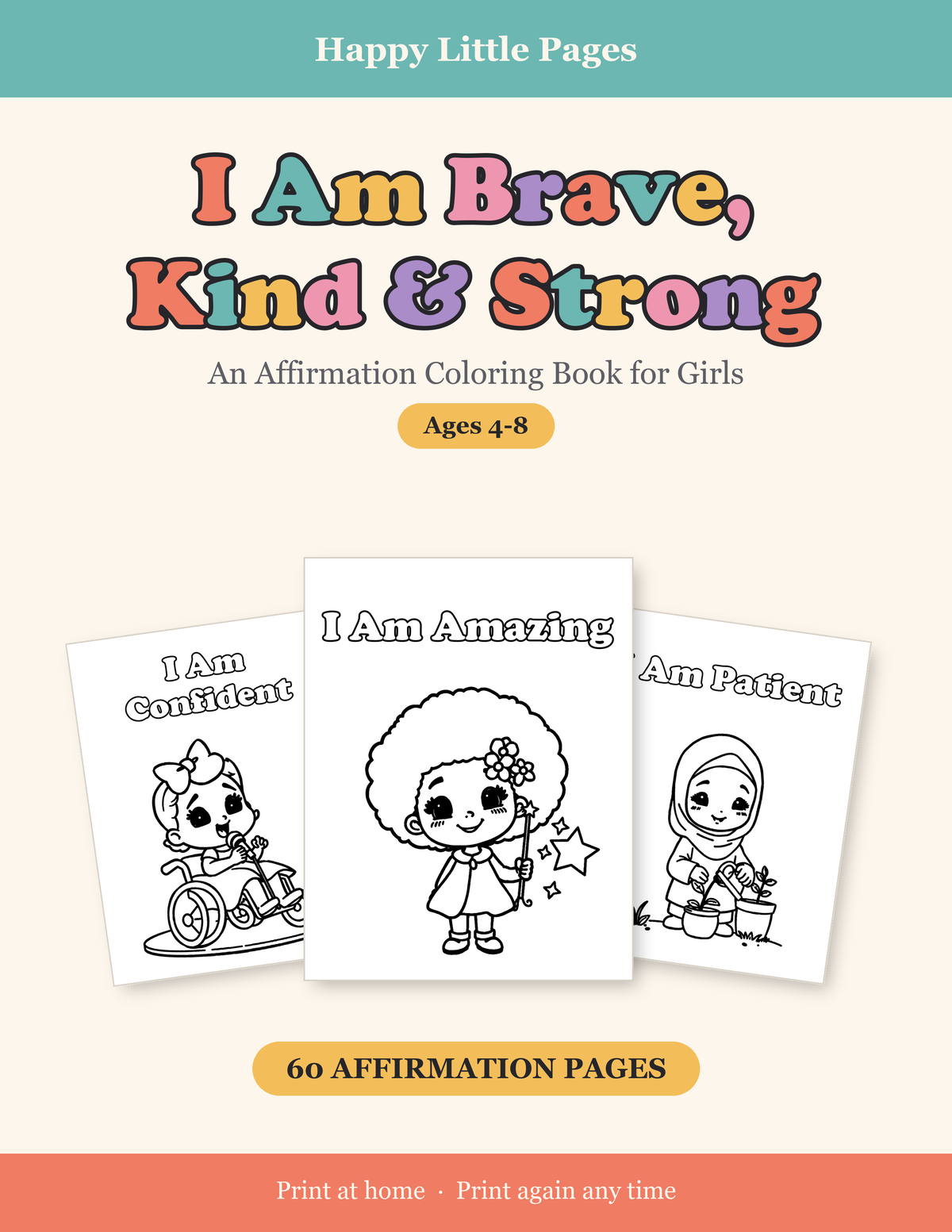 I Am Brave, Kind & Strong — Affirmation Coloring Book for Girls, Ages 4-8 | 60 Printable Pages | Instant Download