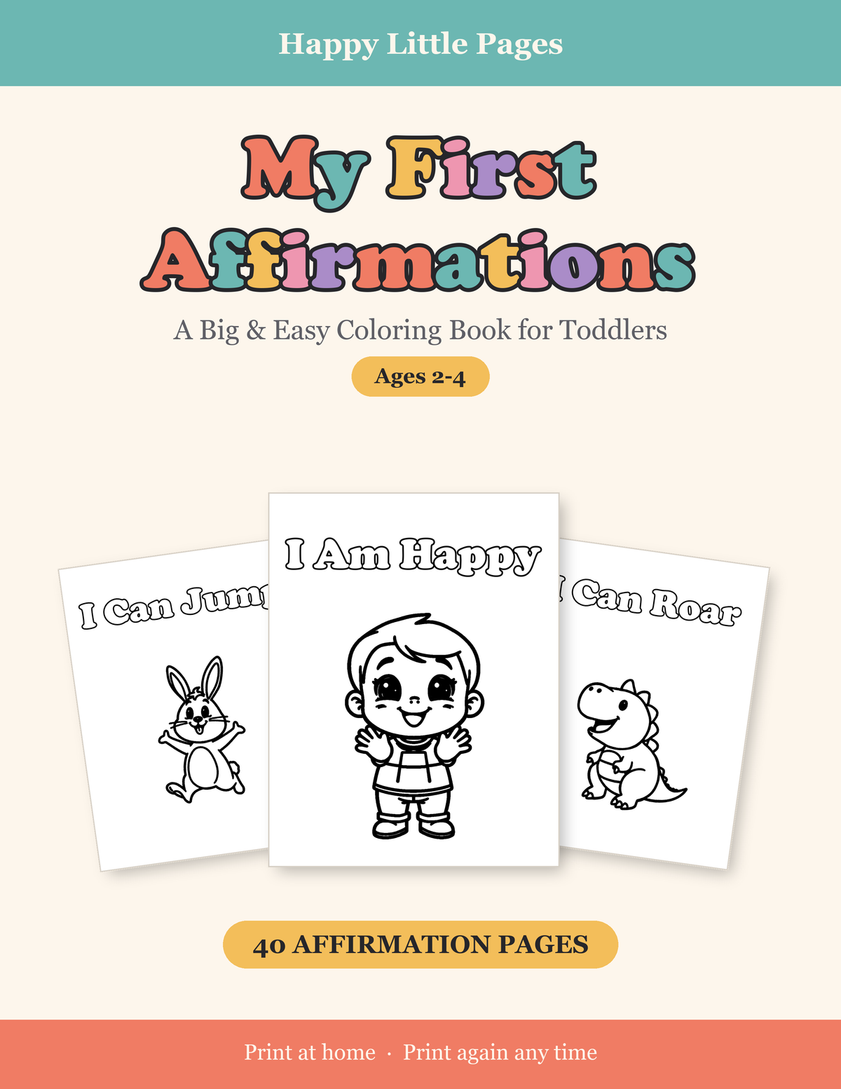 My First Affirmations — Big & Easy Toddler Coloring Book, Ages 2-4 | 40 Printable Pages