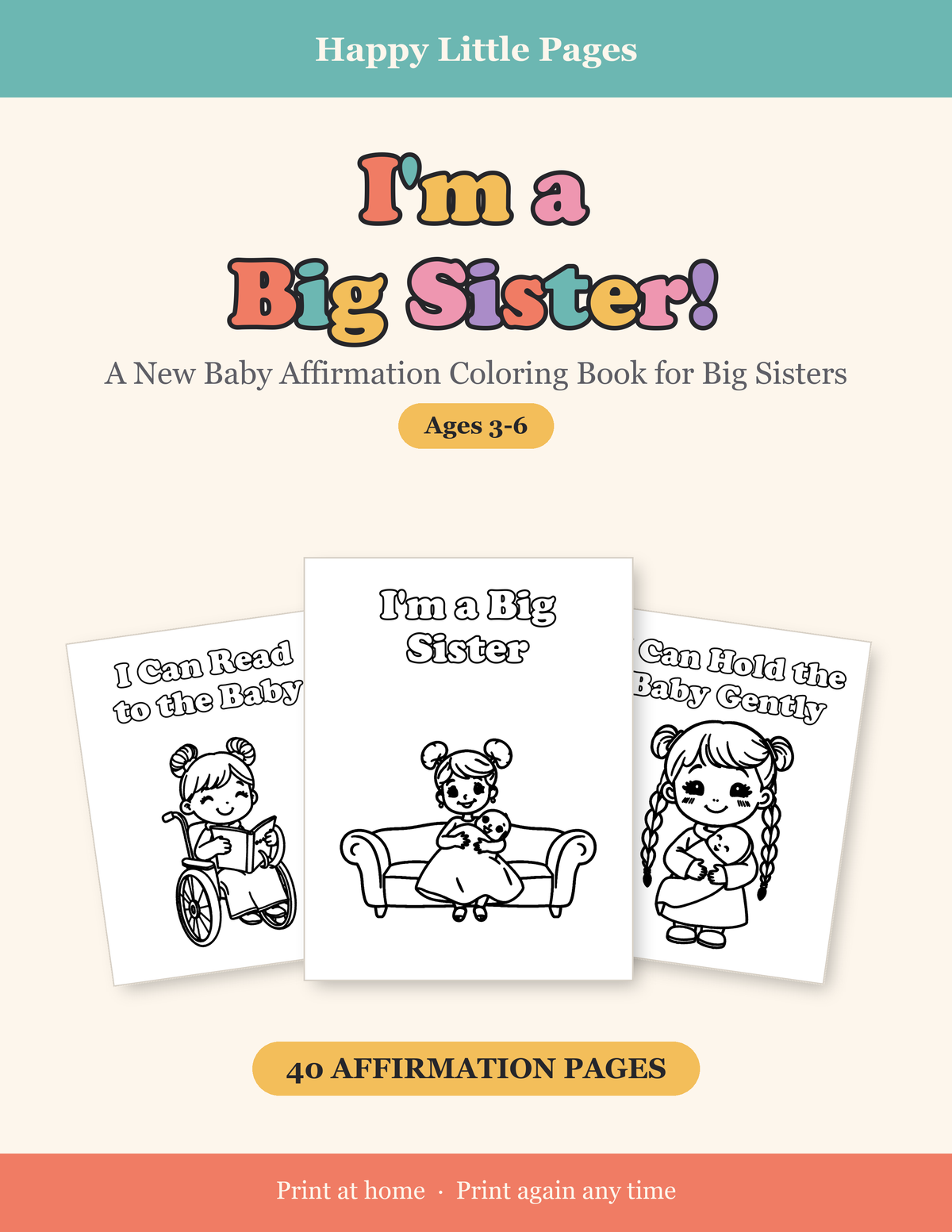 I'm a Big Sister! — New Baby Affirmation Coloring Book, Ages 3-6 | 40 Printable Pages | Big Sister Gift
