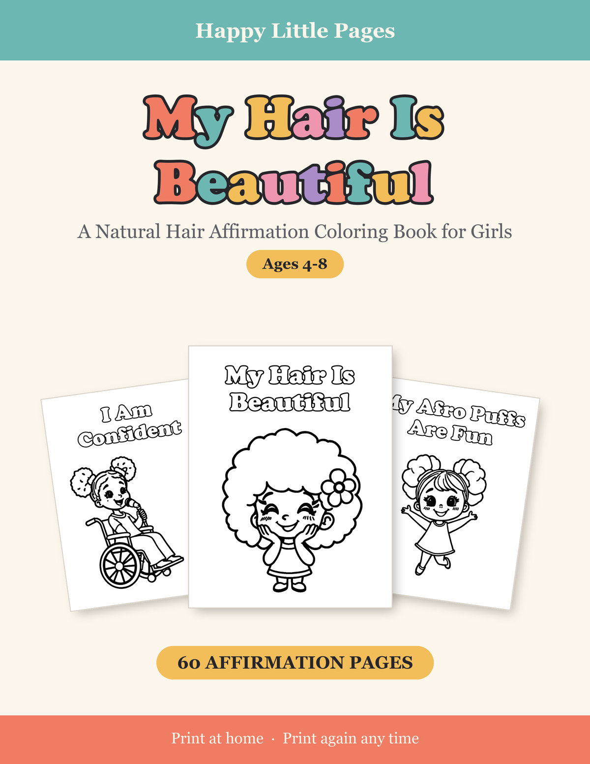 My Hair Is Beautiful — Natural Hair Affirmation Coloring Book for Girls, Ages 4-8 | 60 Printable Pages