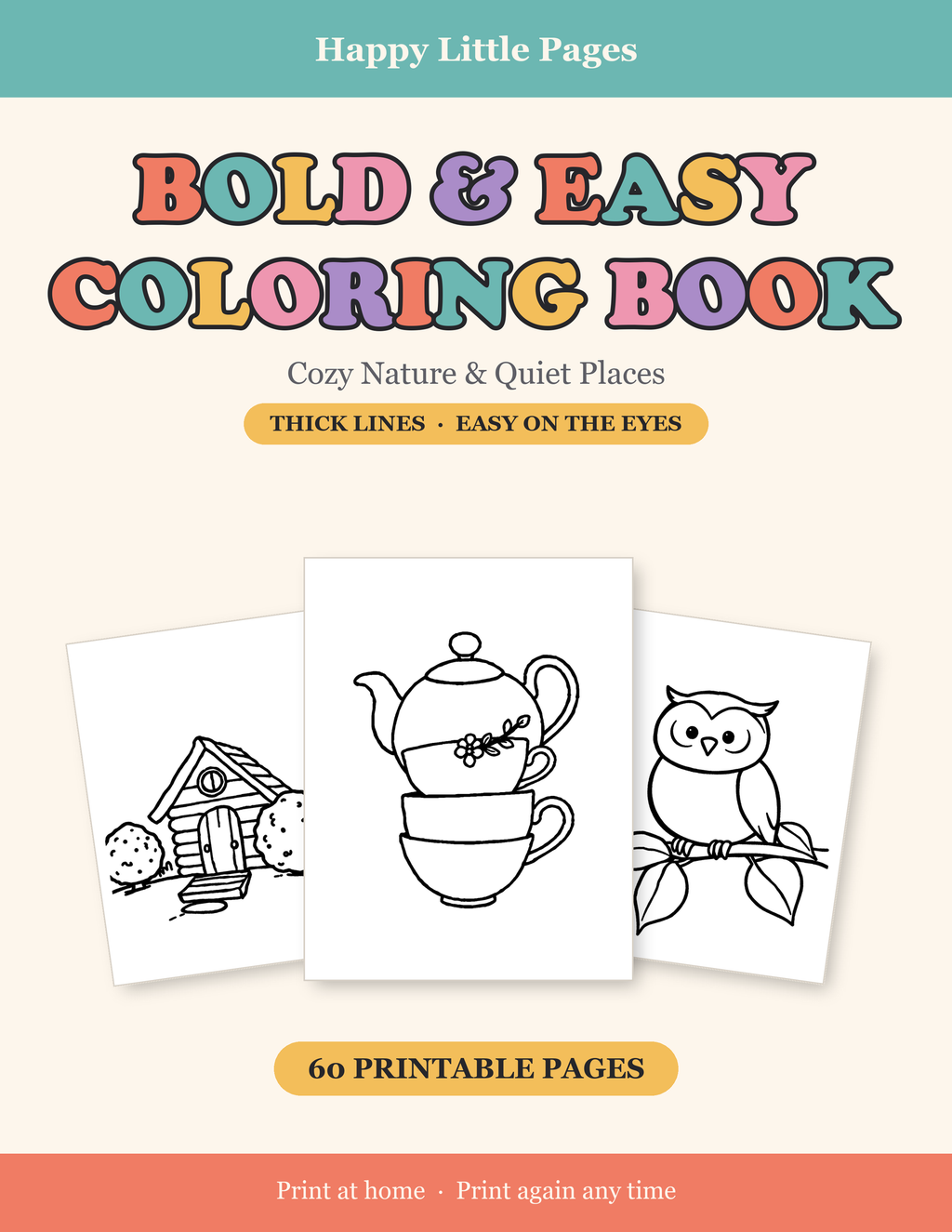 Bold & Easy Coloring Book - cozy nature and quiet places, 60 printable pages